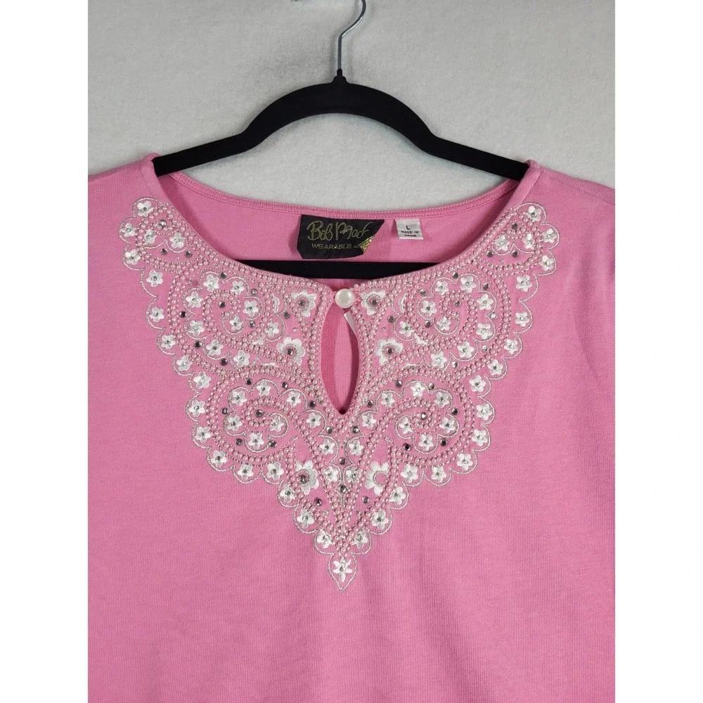 Bob Mackie Wearable Art Pink Beaded Embroidered Floral Keyhole Sweater L NWT